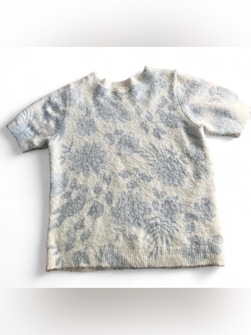 Rachel Zoe Blue Floral Fuzzy Cashmere Feel Short Sleeve Sweater Top M